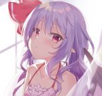  1girl alternate_hairstyle backlighting bangs bare_arms bare_shoulders bat_wings beni_kurage blush commentary curtains eyebrows_visible_through_hair frilled_shirt frills frown hair_ribbon halterneck head_back head_tilt long_hair pink_shirt pointy_ears purple_hair red_eyes red_ribbon remilia_scarlet ribbon shirt sidelocks solo spaghetti_strap touhou upper_body wavy_hair wings 