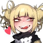  1girl blonde_hair blush boku_no_hero_academia double_bun eyebrows_visible_through_hair heart highres licking_lips looking_to_the_side portrait red_eyes saliva simple_background slit_pupils smile solo ssambatea toga_himiko tongue tongue_out white_background 