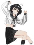  1girl arms_up black_eyes black_hair black_legwear black_skirt collared_shirt crop_top feet_out_of_frame highres long_sleeves looking_at_viewer medium_hair navel original parted_lips pleated_skirt shirt simple_background skirt socks solo white_background white_shirt xxxsoiu1 