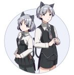  1boy 1girl :o absurdres animal_ear_fluff animal_ears bangs black_legwear black_shorts black_skirt black_vest breasts cat_boy cat_ears cat_girl cat_tail collared_shirt eyebrows_visible_through_hair genderswap genderswap_(ftm) green_eyes grey_background grey_hair grey_neckwear highres ichiren_namiro long_sleeves looking_at_viewer necktie pantyhose parted_bangs parted_lips pleated_skirt sanya_v_litvyak shirt short_hair short_shorts shorts skirt small_breasts strike_witches tail two-tone_background vest white_background white_shirt world_witches_series 