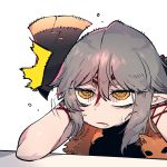 1girl axe axehorn_(ssambatea) drooling facial_mark forehead_mark grey_hair highres original parted_lips pelt pointy_ears portrait ringed_eyes rolling_eyes saliva simple_background solo ssambatea symbol_commentary tired turn_pale white_background yellow_eyes 