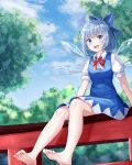  1girl absurdres bangs barefoot blue_bow blue_dress blue_eyes blue_hair blue_sky blush bow cirno clouds day dress hair_bow highres huge_filesize ice ice_wings legs looking_at_viewer open_mouth outdoors puffy_short_sleeves puffy_sleeves red_neckwear short_hair short_sleeves sitting sitting_on_torii sky smile soles solo sunlight torii touhou upper_teeth wings zeroillya 