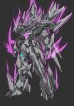  beastkingbarbaros blue_eyes clenched_hands fire grey_background highres looking_down mecha no_humans original purple_fire solo standing 