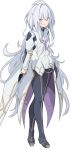  1girl ahoge bangs black_gloves black_pants breasts fate/grand_order fate/prototype fate_(series) fingerless_gloves full_body gloves legs long_hair long_sleeves looking_at_viewer medium_breasts merlin_(fate/prototype) pants shiseki_hirame smile very_long_hair violet_eyes white_hair white_robe wide_sleeves 