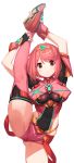  1girl absurdres bangs black_gloves blush breasts chest_jewel earrings fingerless_gloves gloves green322 highres jewelry large_breasts leg_up looking_at_viewer pyra_(xenoblade) red_eyes red_legwear red_shorts redhead short_hair short_shorts shorts simple_background smile split standing standing_on_one_leg standing_split swept_bangs thigh-highs tiara xenoblade_chronicles_(series) xenoblade_chronicles_2 