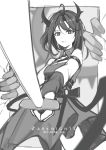  1girl absurdres ahoge arknights arm_strap bangs bare_shoulders commentary cowboy_shot dress greyscale highres holding holding_sword holding_weapon horns izsly monochrome short_hair standing surtr_(arknights) sword weapon 