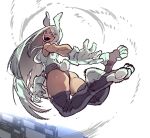  1girl :d animal_ears ass black_legwear boku_no_hero_academia breasts bunny_tail gloves grey_hair highres jumping large_breasts leotard long_hair looking_at_viewer mirko open_mouth rabbit_ears red_eyes smile solo ssambatea tail thigh-highs upper_teeth very_long_hair white_gloves 