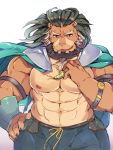  1boy abs animal_ears arsalan_(tokyo_houkago_summoners) bara bare_chest beard blonde_hair brown_fur bulge cape chest chest_hair cowboy_shot facial_hair fingernails furry green_cape green_hair hand_on_hip highres lion_boy lion_ears looking_at_viewer male_focus medium_hair multicolored_hair muscle navel nipples red_eyes sharp_fingernails smirk solo thick_thighs thighs tokyo_houkago_summoners two-tone_hair white_background youzora_samo18 