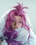  1girl bed_sheet blue_eyes commentary english_commentary facial_mark highres league_of_legends lips long_hair looking_at_viewer messy_hair official_art pink_hair seraphine_(league_of_legends) sleepy solo star_(symbol) waking_up 