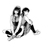  2girls back-to-back chainsaw_man closed_mouth grey_background greyscale half-closed_eyes hatching_(texture) highres kyowo_sukkesuke long_hair looking_at_another looking_at_viewer mitaka_asa monochrome multiple_girls parted_lips ribbon scar scar_on_cheek scar_on_face scar_on_nose shoes short_twintails simple_background sitting skirt smile sneakers socks sweat twintails war_devil_(chainsaw_man) 