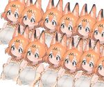  1girl :3 animal_ear_fluff animal_ears bangs bare_shoulders bow bowtie breasts brown_eyes clone dress elbow_gloves extra_ears gloves hair_between_eyes highres kemono_friends kona_ming large_breasts orange_hair print_bow print_gloves print_neckwear recurring_image serval_(kemono_friends) serval_ears serval_print shirt short_hair simple_background sleeveless sleeveless_dress smile white_background white_shirt 