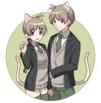  1boy 1girl :d absurdres ahoge animal_ear_fluff animal_ears black_jacket blazer braid breasts brown_hair cat_boy cat_ears cat_girl cat_tail closed_mouth collared_shirt dual_persona genderswap genderswap_(ftm) green_background green_neckwear green_pants grey_eyes hand_up highres ichiren_namiro jacket long_hair long_sleeves looking_at_viewer lynette_bishop necktie no_pants open_blazer open_clothes open_jacket open_mouth pants school_uniform shirt single_braid small_breasts smile strike_witches striped striped_legwear sweater_vest tail thigh-highs two-tone_background white_background white_shirt world_witches_series 