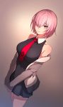  1girl bare_shoulders black_dress breasts commentary_request dress etsem eyebrows_visible_through_hair fate/grand_order fate_(series) hair_over_one_eye highres large_breasts long_sleeves looking_at_viewer mash_kyrielight necktie parted_lips pink_hair red_neckwear short_hair solo standing thighs violet_eyes 