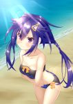  1girl ankokuboshi_kurome bangs beach bikini choujigen_game_neptune closed_mouth commentary_request crossed_arms eyebrows_visible_through_hair frown hair_between_eyes hair_ornament hairclip highres long_hair looking_at_viewer neptune_(series) purple_hair sakaki_jin&#039;ya solo standing sun_glare swimsuit twintails very_long_hair violet_eyes 