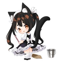  1girl animal_ears black_hair blush cat_ears chibi hair_ornament long_hair maid open_mouth original smile solo tail twintails user_dggy2758 