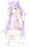  1girl absurdres angel angel_wings bangs bare_arms bare_shoulders blush closed_mouth commentary_request dress eyebrows_visible_through_hair feathered_wings frilled_dress frills full_body hair_ribbon halo hand_up highres kneeling long_hair looking_at_viewer mini_wings no_shoes original purple_hair purple_ribbon ribbon sleeveless sleeveless_dress solo thigh-highs tsukiyo_(skymint) twintails very_long_hair violet_eyes white_background white_dress white_legwear white_wings wings 