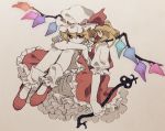  1girl blush covered_mouth flandre_scarlet frilled_skirt frills grey_background hat hat_ornament holding ka_(marukogedago) looking_at_viewer puffy_short_sleeves puffy_sleeves red_eyes red_footwear red_skirt red_vest shirt shoes short_sleeves skirt solo spread_wings touhou vest white_headwear white_shirt wings 