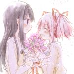 2girls ^_^ akemi_homura aoki_ume beige_shirt black_hair black_hairband bouquet character_name closed_eyes closed_mouth commentary_request eyebrows_visible_through_hair face-to-face fingernails flower from_side hair_ribbon hairband hands_up happy happy_birthday height_difference holding holding_bouquet jitome kaname_madoka laughing light_blush light_particles long_hair long_sleeves looking_at_another mahou_shoujo_madoka_magica multiple_girls nape official_art open_mouth pink_flower pink_hair profile red_ribbon ribbon shirt sidelocks simple_background smile straight_hair text_focus twintails upper_body violet_eyes white_background 