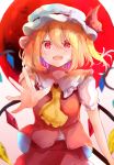  1girl :d ascot blonde_hair blurry blurry_background cowboy_shot crystal eyebrows_visible_through_hair fangs flandre_scarlet flat_chest frilled_shirt_collar frills gradient hat hat_ribbon highres looking_at_viewer medium_hair mob_cap moon open_hand open_mouth outstretched_arm puffy_short_sleeves puffy_sleeves reaching_out red_eyes red_moon red_ribbon red_skirt red_vest ribbon shirt short_sleeves skirt skirt_set slit_pupils smile takuan_(gjnc3733) touhou vest white_shirt wings yellow_neckwear 