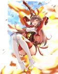  1girl absurdres amber_(genshin_impact) arms_up boots bow_(weapon) breasts brown_eyes brown_hair day explosion eyebrows_visible_through_hair full_body genshin_impact gloves hair_between_eyes hasiki highres holding holding_bow_(weapon) holding_weapon long_hair long_sleeves looking_at_viewer medium_breasts open_mouth outdoors short_shorts shorts solo teeth thigh-highs thigh_boots tongue weapon 