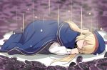  1girl artoria_pendragon_(all) artoria_pendragon_(caster) bangs black_legwear blonde_hair blue_cape blue_headwear blurry boots cape closed_eyes closed_mouth fate/grand_order fate_(series) from_side hat long_hair long_sleeves lying ribbon shirt shiseki_hirame sleeping smile solo white_shirt 