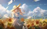  1girl blonde_hair blue_eyes blue_sky clouds day dress field flower flower_field hat highres letter lexington_(warship_girls_r) lingmuqianyi long_hair outdoors short_sleeves sky smile solo standing straw_hat sun_hat sunflower warship_girls_r white_dress wind_turbine windmill yellow_flower 