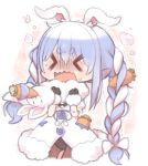  1girl 1other animal_ears bangs black_gloves black_leotard blue_hair blush bow braid carrot carrot_hair_ornament chibi closed_eyes coat commentary d: don-chan_(usada_pekora) eyebrows_visible_through_hair food_themed_hair_ornament fur-trimmed_coat fur-trimmed_gloves fur_trim furrowed_eyebrows gloves hair_ornament hands_up hololive kuro_(kuroneko_no_kanzume) leotard long_hair open_mouth pantyhose rabbit_ears rabbit_girl shaded_face short_eyebrows strangling sweat thick_eyebrows trembling twin_braids twintails usada_pekora virtual_youtuber wavy_mouth white_coat 