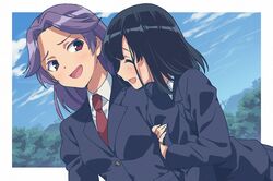  2girls arm_hug bangs black_hair blazer blue_sky blush border breasts closed_eyes clouds collared_shirt commentary_request day dutch_angle jacket kajiki_yumi long_hair looking_at_another multiple_girls necktie open_mouth outside_border purple_hair red_neckwear saki sayshownen school_uniform shirt sky smile touyoko_momoko tsuruga_school_uniform twitter_username violet_eyes watermark white_border white_shirt yuri |d 