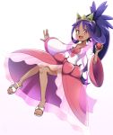  1girl :d bee_ek101021 blush commentary_request dark_skin dress full_body highres holding holding_poke_ball iris_(pokemon) knees knees_together long_hair looking_at_viewer open_mouth poke_ball poke_ball_(basic) pokemon pokemon_(game) pokemon_bw2 purple_hair sandals shiny shiny_hair smile solo tiara toes tongue white_background white_footwear wide_sleeves 