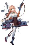  1girl absurdres aircraft bangs boots breasts brown_skirt eyebrows_visible_through_hair gun headgear helena_(kantai_collection) highres holding holding_gun holding_weapon kantai_collection light_brown_hair long_hair long_sleeves open_mouth rigging rudder_footwear side_slit simple_background skirt solo thigh-highs weapon white_background white_legwear yamano_(yamanoh) yellow_neckwear 