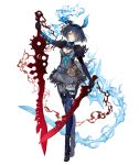  1girl alice_(sinoalice) belt black_dress chain cracked_skin dark_blue_hair dress dual_wielding full_body glowing glowing_eyes glowing_veins hair_over_one_eye hairband holding holding_sword holding_weapon ji_no looking_at_viewer official_art red_eyes short_hair sinoalice solo sword tattoo tiptoes torn_clothes torn_dress torn_legwear transparent_background weapon 