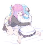  2girls arm_around_back barefoot blue_hair closed_eyes comforting commentary enkyo_yuuichirou feet hair_ribbon hand_on_another&#039;s_head highres hood hoodie hug kneeling kotonoha_akane kotonoha_aoi leaning_forward long_hair miniskirt multiple_girls open_mouth pink_hair ribbed_sleeves ribbon siblings sisters sitting skirt smile socks soles sweater toes voiceroid wariza white_hoodie 