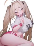  1girl absurdres ahoge ass blonde_hair blush eyebrows_visible_through_hair green_eyeshadow hair_between_eyes highres impossible_clothes long_hair open_mouth original rabbit_(wlsdnjs950) simple_background sleeves_rolled_up solo twintails white_background 