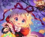  1girl amo animal_costume apron apron_hold apron_tug bare_tree basket big_bad_wolf big_bad_wolf_(cosplay) black_bow blonde_hair bloomers blue_eyes blush bottle bow bowtie bubble_skirt candy capelet center_frills cosplay cupcake doll dress_shirt eyebrows_visible_through_hair fairy_wings floral_print food frilled_apron frilled_capelet frilled_cuffs frilled_shirt_collar frilled_skirt frilled_sleeves frills full_body halloween highres jack-o&#039;-lantern layered_clothing lens_flare little_red_riding_hood little_red_riding_hood_(grimm) little_red_riding_hood_(grimm)_(cosplay) long_sleeves looking_at_viewer medicine_melancholy mushroom night open_mouth pink_shirt pink_skirt puffy_short_sleeves puffy_sleeves pumpkin red_hood red_ribbon ribbon ribbon-trimmed_vest ribbon_trim rose_print sash shirt short_hair short_sleeves signature skirt sleeve_cuffs solo sparkle stain stained_clothes star_(symbol) star_in_eye striped su-san symbol_in_eye touhou tree tree_branch underwear wavy_hair white_bow wings wolf_costume 