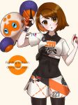  1girl bangs black_bodysuit bodysuit bodysuit_under_clothes brown_eyes brown_hair character_name clobbopus collared_shirt commentary_request covered_navel dynamax_band gen_8_pokemon gloria_(pokemon) gloves holding holding_poke_ball looking_at_viewer number partly_fingerless_gloves poke_ball poke_ball_(basic) pokemon pokemon_(creature) pokemon_(game) pokemon_swsh print_shirt print_shorts setta_shu shirt short_hair short_sleeves shorts single_glove tied_shirt v 