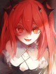  1girl :d criss-cross_halter eyelashes fangs hair_between_eyes hair_ornament halterneck highres hoojiro krul_tepes light_particles long_hair looking_at_viewer open_mouth owari_no_seraph portrait red_eyes redhead smile solo twintails vampire 