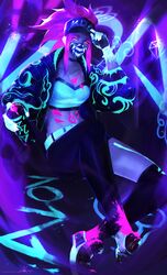  1girl absurdres akali alov asymmetrical_legwear baseball_cap belt black_footwear bodypaint bracelet choker fangs fingerless_gloves gloves hat highres idol inverted_colors jacket jewelry k/da_(league_of_legends) k/da_akali league_of_legends looking_at_viewer mask necklace paint solo thigh-highs thighs 