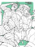  2boys abs animal_ears arsalan_(tokyo_houkago_summoners) ass bandages bara bare_chest beard black_hair blush bulge chest chest_hair cosplay couple dynamic_pose facial_hair feet_out_of_frame fingernails frankenstein&#039;s_monster frankenstein&#039;s_monster_(cosplay) furry halloween_costume halo highres lion_boy lion_ears male_focus medium_hair midriff multiple_boys mummy_costume muscle naked_bandage navel nipples pose sharp_fingernails short_hair stitches stubble thick_thighs thighs tokyo_houkago_summoners uncolored yellow_eyes youzora_samo18 zabaniya_(tokyo_houkago_summoners) 