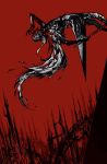  1boy arm_up armor blood bloodborne bloody_clothes bloody_crow_of_cainhurst city falling helm helmet highres holding holding_sword holding_weapon long_hair male_focus mask nira_(nira_box) red_background red_theme solo sword torn torn_clothes weapon 