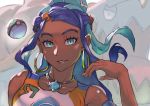  1boy 1girl aqua_eyes aqua_hair armlet armpit_crease blue_eyes blue_hair bracelet collarbone commentary_request dark_skin dive_ball drednaw earrings eyeliner gen_8_pokemon grin gym_leader hair_bun hair_ornament hand_up highres hoop_earrings jewelry long_hair looking_at_viewer makeup multicolored_hair necklace nessa_(pokemon) poke_ball pokemon pokemon_(creature) pokemon_(game) pokemon_swsh reomenka smile solo_focus two-tone_hair upper_body 