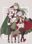  3girls azur_lane bangs beret black_legwear blunt_bangs blush breasts brown_eyes cape closed_mouth coat cocoadrive commentary conte_di_cavour_(azur_lane) dress earrings eyebrows_visible_through_hair full_body giulio_cesare_(azur_lane) gloves green_coat green_hair grey_hair hat headgear high_heels jacket jacket_on_shoulders jewelry large_breasts littorio_(azur_lane) long_hair multicolored_hair multiple_girls oto_(rozeko) pantyhose peaked_cap red_eyes redhead shaded_face short_hair sidelocks smile sparkle streaked_hair thigh-highs twintails yellow_eyes 