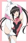  1girl bangs black_hair blunt_bangs blush breasts covered_navel flexible high_kick highres kicking leg_lift leg_up leotard long_hair miyabi_mt-b open_mouth pink_eyes pink_leotard senki_zesshou_symphogear shiny shiny_hair shiny_skin small_breasts solo split standing standing_on_one_leg standing_split thighs tsukuyomi_shirabe twintails white_legwear 