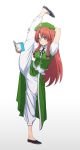 1girl absurdres beret blue_eyes book braid chinese_clothes hat highres hong_meiling leg_up leon_(mikiri_hassha) long_hair reading redhead side_braid simple_background solo split standing standing_on_one_leg standing_split tangzhuang touhou twin_braids white_background 