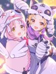  2girls :d animal_ear_fluff animal_ears animal_hat animal_print bandaged_ear bandaged_hands bandages bangs blonde_hair bow braid brown_eyes bunny_hair_ornament bunny_hat capelet commentary_request earmuffs eyebrows_visible_through_hair fake_animal_ears fang fur-trimmed_capelet fur_trim gloves gucchiann hair_ornament halloween hat highres long_hair looking_at_viewer looking_back matsuri_(princess_connect!) mimi_(princess_connect!) multiple_girls open_mouth parted_bangs paw_gloves paws pink_capelet pink_hair princess_connect! princess_connect!_re:dive rabbit_ears shirt skirt sleeveless sleeveless_shirt smile thick_eyebrows tiger_ears tiger_hat tiger_print twin_braids very_long_hair white_bow white_gloves white_shirt white_skirt 