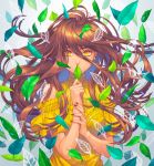  1girl brown_hair covering_mouth earrings floating_hair frilled_shirt frills hair_between_eyes jewelry leaf minami_(minami373916) nail_polish off-shoulder_shirt off_shoulder original red_nails shirt short_sleeves solo upper_body yellow_eyes yellow_shirt 