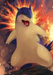  commentary_request fangs fire gen_2_pokemon highres legs_apart no_humans open_mouth orange_eyes pokemon pokemon_(creature) solo standing tesshii_(riza4828) tongue typhlosion 