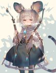 1girl :&lt; absurdres adapted_costume animal_ears belt black_belt black_skirt closed_mouth eyebrows_visible_through_hair grey_hair highres long_sleeves looking_at_viewer mouse_ears mouse_tail nazrin red_eyes short_hair skirt solo standing tail touhou uu_uu_zan 