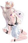  1girl :d animal animal_ear_fluff animal_ears animal_on_head animare bare_arms bare_shoulders barefoot black_bow black_ribbon bow braid collarbone dress fang full_body grey_hair hair_bow highres long_hair looking_at_viewer on_head open_mouth ribbon shiromiya_mimi simple_background single_wrist_cuff sleeveless sleeveless_dress smile soles solo strap_slip trembling very_long_hair violet_eyes virtual_youtuber white_background white_dress wrist_cuffs yasuyuki 