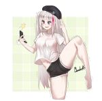  1girl artist_name bangs barefoot beret beruko_(rladustns50) black_headwear black_shorts blue_eyes cellphone cellphone_charm clothes_writing flip_phone girls_frontline grey_hair hat heterochromia highres holding holding_phone leg_lift leg_up long_hair mdr_(girls_frontline) multicolored_hair navel open_mouth panties panty_peek phone pink_eyes pink_hair pink_panties self_shot shirt short_shorts shorts side_ponytail smile solo split standing standing_on_one_leg standing_split streaked_hair t-shirt taking_picture trembling twitter_username underwear v white_shirt 