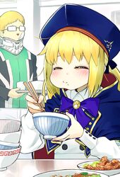  1boy 1girl artoria_pendragon_(all) artoria_pendragon_(caster) bags_under_eyes blonde_hair bow bowl cape chopsticks closed_eyes eating fate/grand_order fate_(series) food full_mouth glasses hat highres neck_brace omagacchu tray 